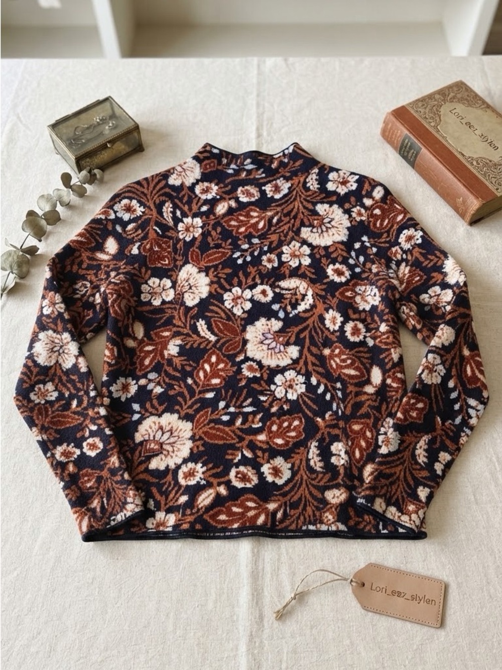 Rachel Zoe Navy, Rust & Cream Floral Mock Neck Sweater